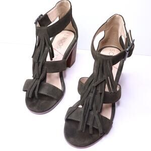 SOLE SOCIETY Delilah Fringe Heeled Sandal Green Suede Ankle Strap Women's 6